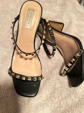 Steven Black Leather Studded Slingback Heels